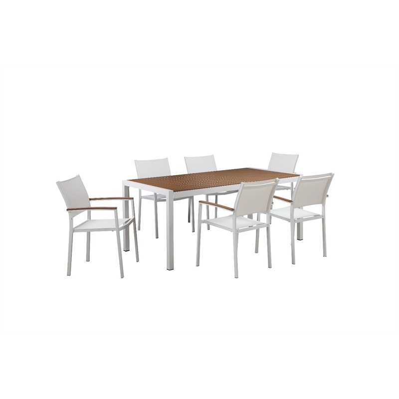 Benjara Anodized Aluminum 7 piece Modern Outdoor Dining Set In White/Teak