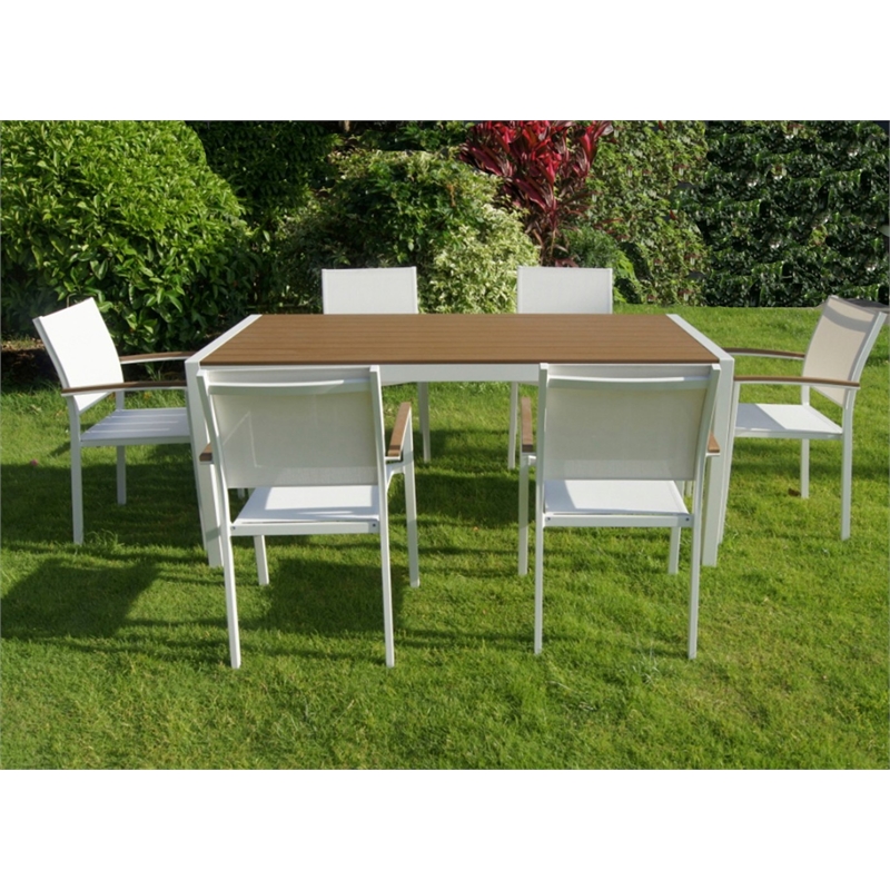 Benjara Anodized Aluminum 7 piece Modern Outdoor Dining Set In White/Teak