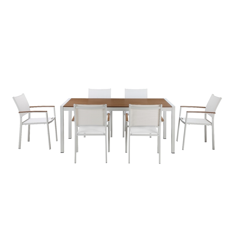 Benjara Anodized Aluminum 7 piece Modern Outdoor Dining Set In White/Teak