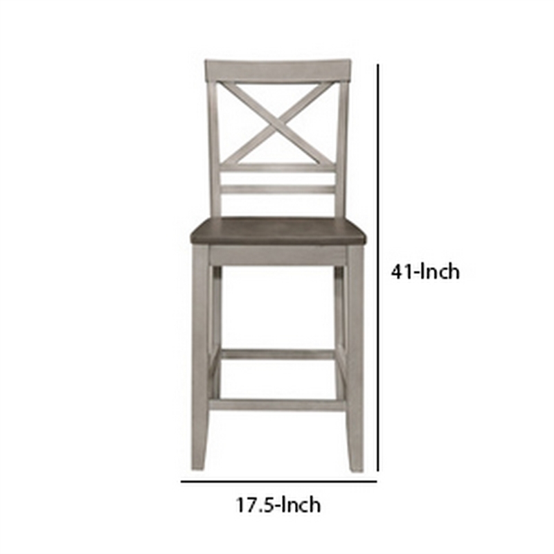 Brian 23 Inch Set of 2 Counter Chairs-Crossbuck Backrest-Rustic Gray Wood-Brown