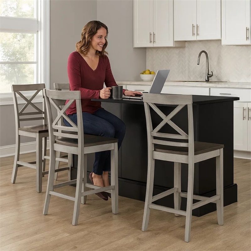 Brian 23 Inch Set of 2 Counter Chairs-Crossbuck Backrest-Rustic Gray Wood-Brown