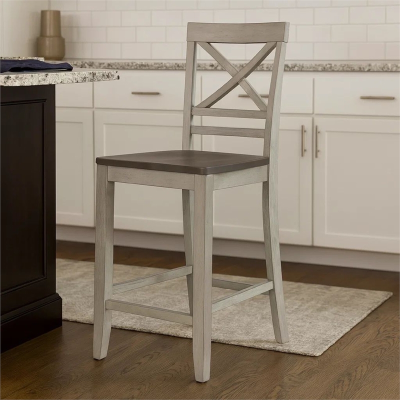 Brian 23 Inch Set of 2 Counter Chairs-Crossbuck Backrest-Rustic Gray Wood-Brown