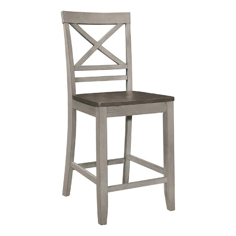 Brian 23 Inch Set of 2 Counter Chairs-Crossbuck Backrest-Rustic Gray Wood-Brown