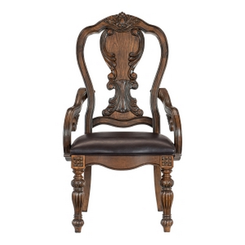 Devi 20 Inch Set of 2 Armchairs-Queen Anne Backrest-Turned Legs-Rustic Brown