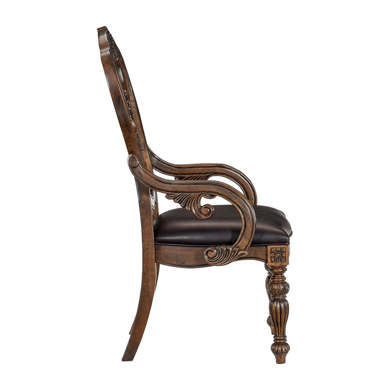 Devi 20 Inch Set of 2 Armchairs-Queen Anne Backrest-Turned Legs-Rustic Brown