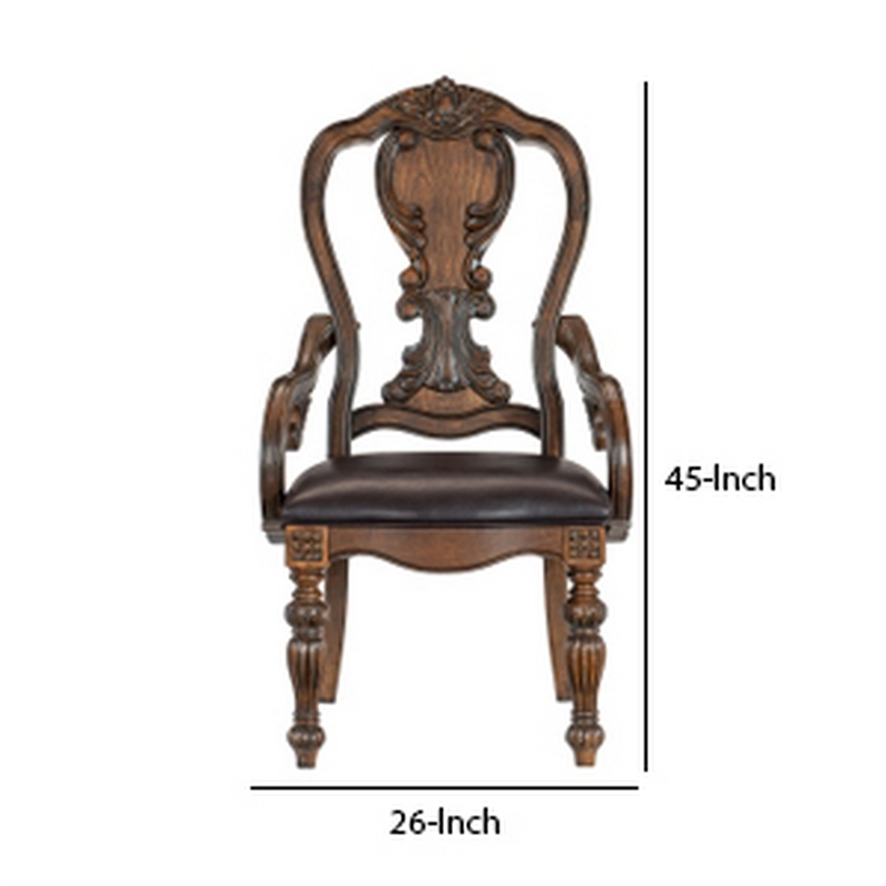 Devi 20 Inch Set of 2 Armchairs-Queen Anne Backrest-Turned Legs-Rustic Brown