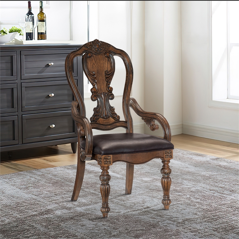 Devi 20 Inch Set of 2 Armchairs-Queen Anne Backrest-Turned Legs-Rustic Brown