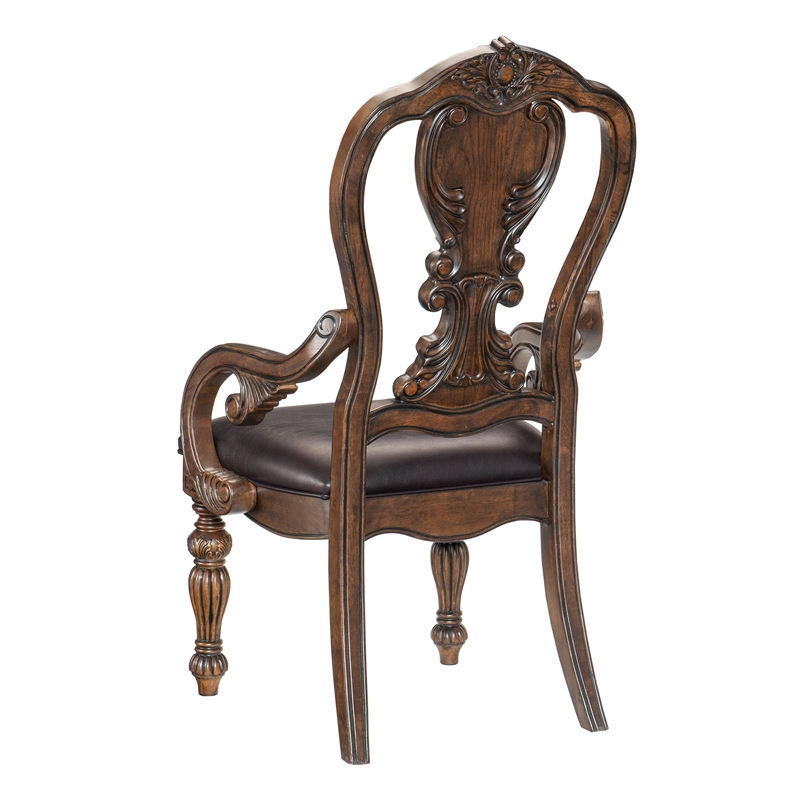 Devi 20 Inch Set of 2 Armchairs-Queen Anne Backrest-Turned Legs-Rustic Brown