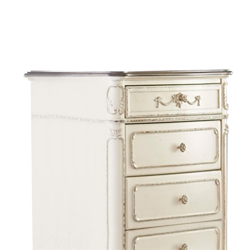 Benjara 5 Drawer Chest with Floral Motif Carving Details- Antique White & Brown