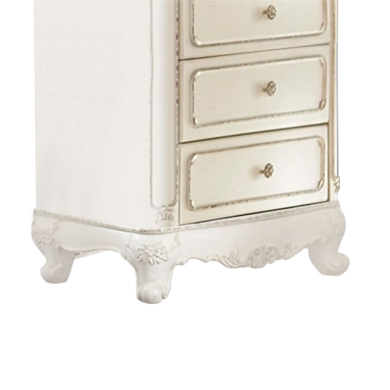 Benjara 5 Drawer Chest with Floral Motif Carving Details- Antique White & Brown