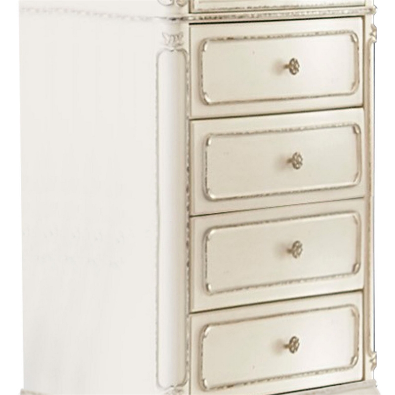 Benjara 5 Drawer Chest with Floral Motif Carving Details- Antique White & Brown