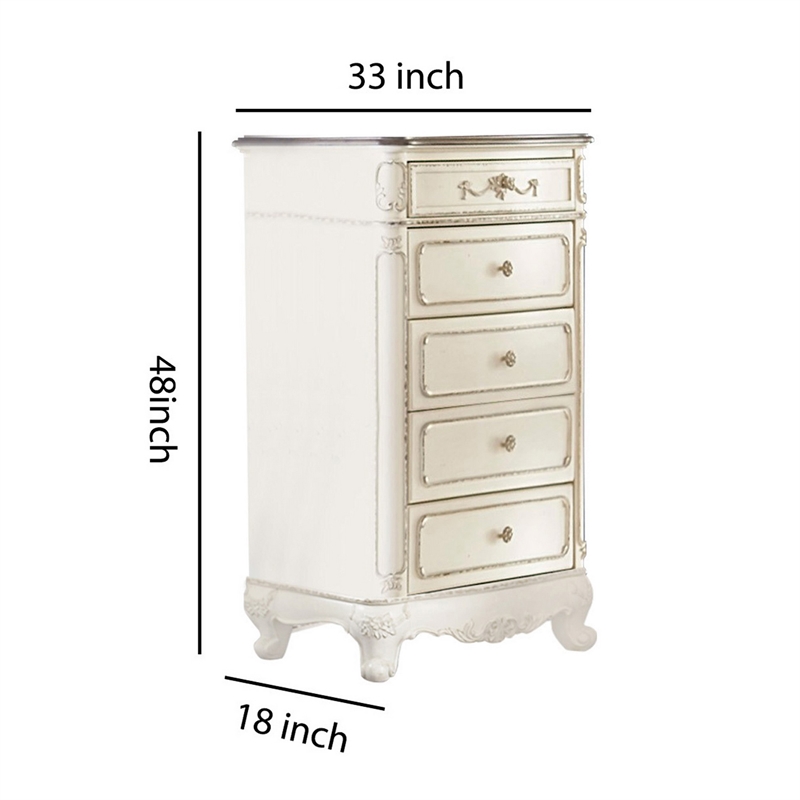 Benjara 5 Drawer Chest with Floral Motif Carving Details- Antique White & Brown