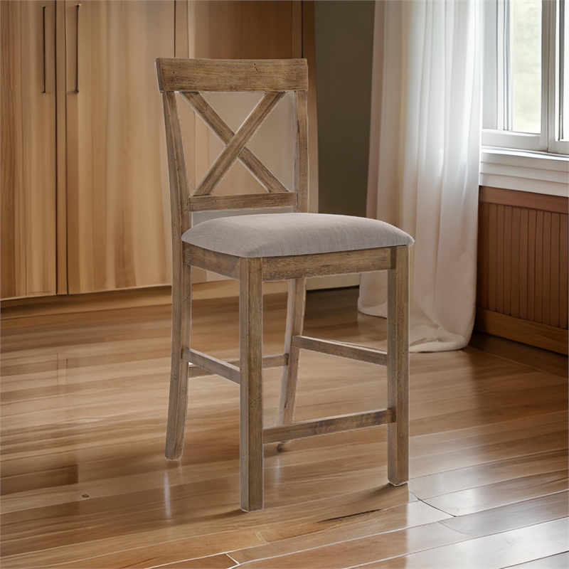 Benjara Fabric Upholstered Wooden Counter Height Chair-Set of 2-Brown and Gray