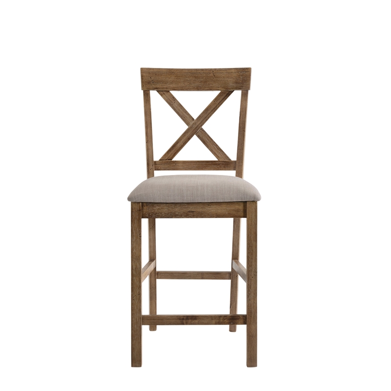 Benjara Fabric Upholstered Wooden Counter Height Chair-Set of 2-Brown and Gray