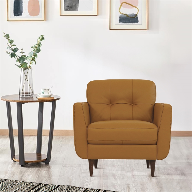 Benjara Leatherette Chair with Tapered Legs and Button Tufted Details- Brown