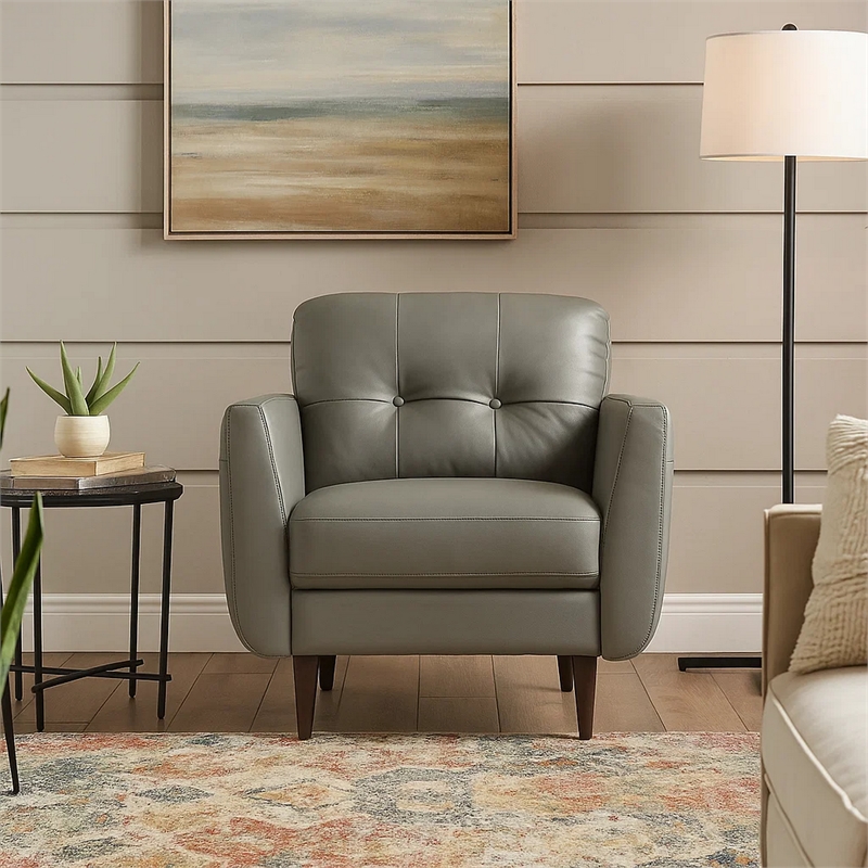 Benjara Leatherette Chair with Tapered Legs and Button Tufted Details- Gray