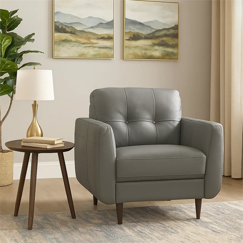 Benjara Leatherette Chair with Tapered Legs and Button Tufted Details- Gray