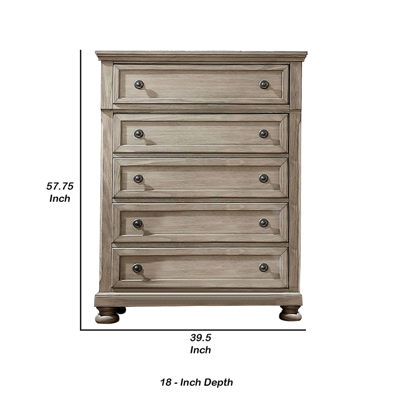 Benjara Transitional Wooden 5 Drawer Chest with Round Knob and Bun Feet- Brown
