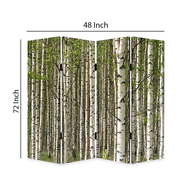 Benjara 3 Panel Foldable Canvas Evergreen Forest Print Screen- Green and White
