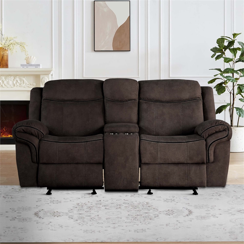 Benjara Velvet Upholstered Loveseat with USB Docks and Storage Console- Gray