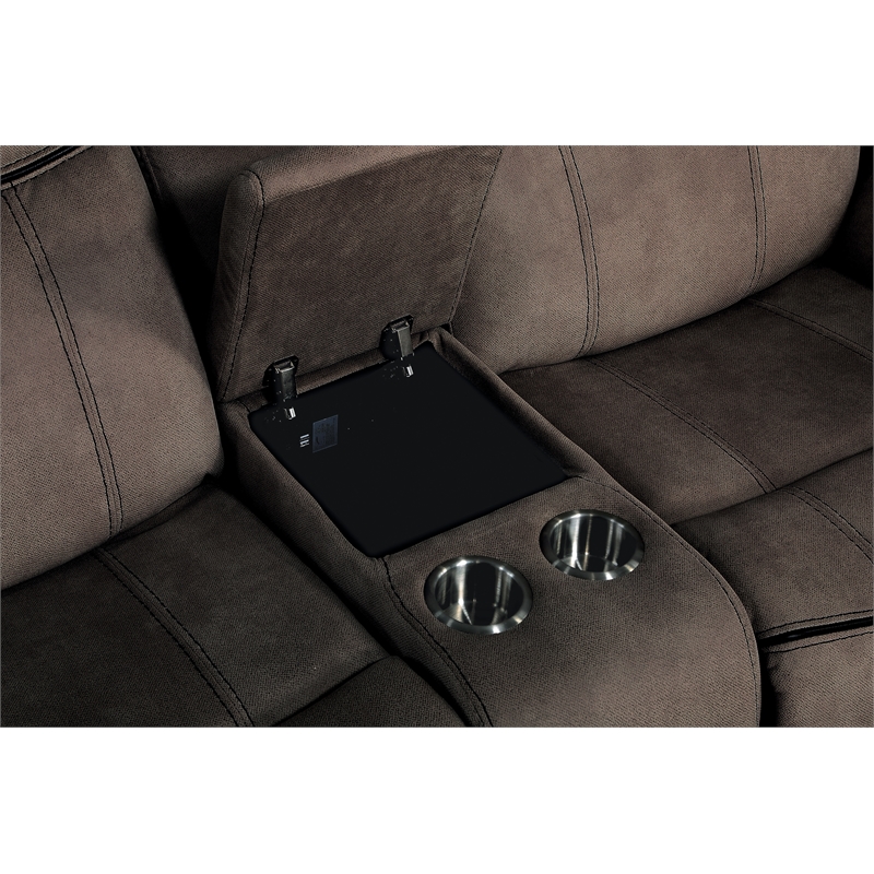 Benjara Velvet Upholstered Loveseat with USB Docks and Storage Console- Gray