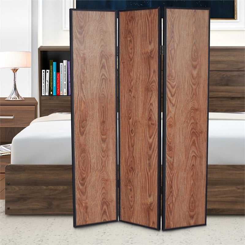 Benjara 3 Panel Foldable Wooden Screen with Grain Details- Brown