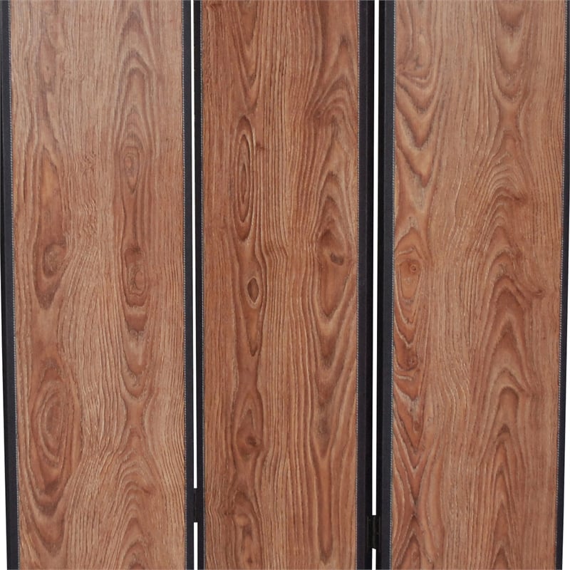 Benjara 3 Panel Foldable Wooden Screen with Grain Details- Brown