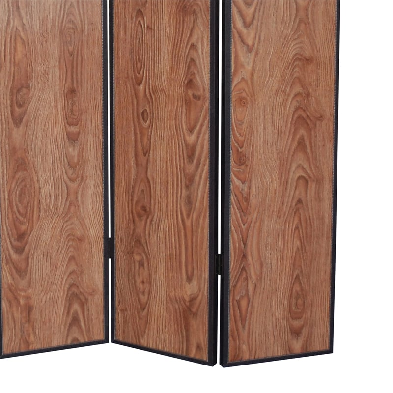 Benjara 3 Panel Foldable Wooden Screen with Grain Details- Brown
