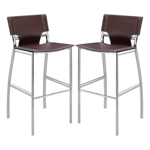 Benjara Suze 30&quot Metal Bar Chair (Set of 2)- Chrome Base- Brown Vegan Leather