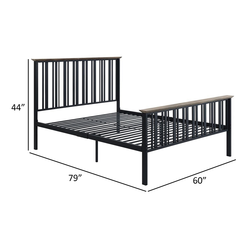 Benjara Nori Full Bed with Slatted Metal Frame- MDF Wood- Oak Brown and Black