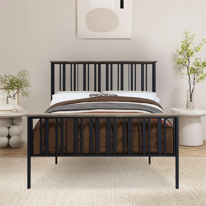 Benjara Nori Full Bed with Slatted Metal Frame- MDF Wood- Oak Brown and Black