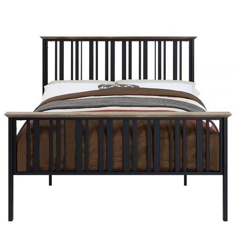 Benjara Nori Full Bed with Slatted Metal Frame- MDF Wood- Oak Brown and Black