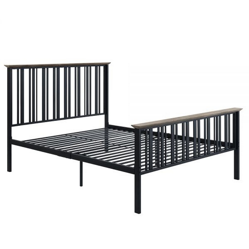 Benjara Nori Full Bed with Slatted Metal Frame- MDF Wood- Oak Brown and Black