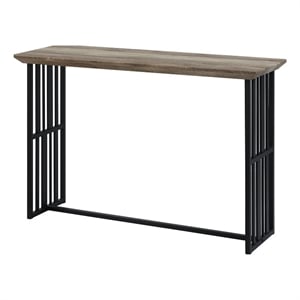 Benjara Nori 47&quot Sofa Table- Metal Strip Base- MDF- Antique Oak Brown & Black