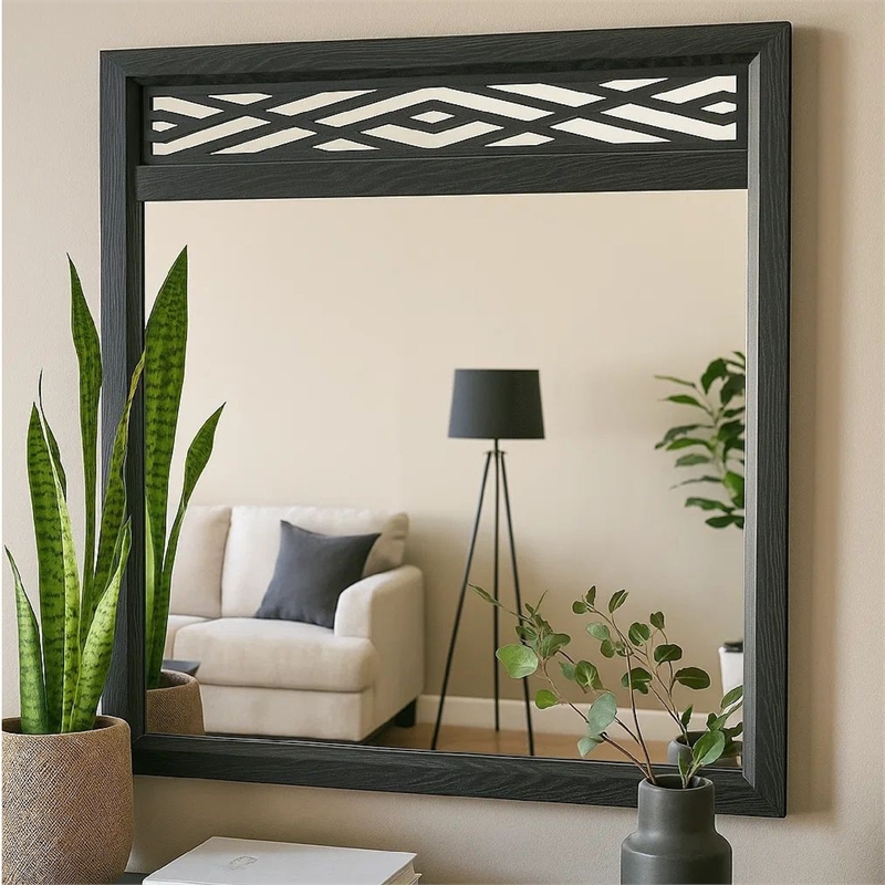 Benjara Kira 22 x 40 Dresser Mirror- Geometric Design- Rubberwood- Black Finish