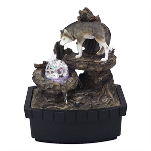Benjara Eci 10&quot Wolf Tabletop Water Fountain- LED Lights- Painted Gray Finish