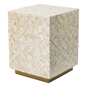 Benjara 18&quot Accent Side End Table Stool- Square- Cream Capiz- Gold Base