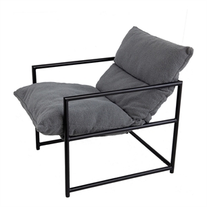 Benjara 26&quot Accent Chair with Cushion- Black Iron- Light Gray Faux Leather