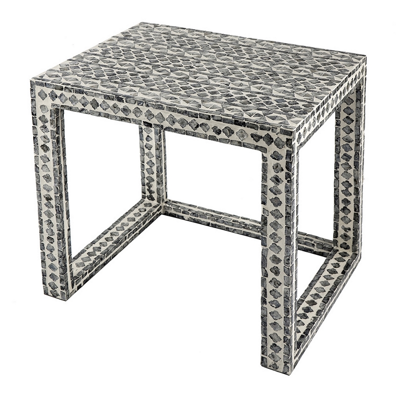 Benjara Set of 2 Nesting Side End Tables- Capiz Inlaid Design- Gray and White