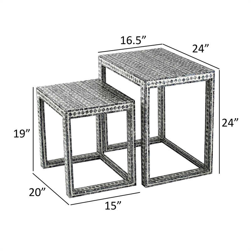 Benjara Set of 2 Nesting Side End Tables- Capiz Inlaid Design- Gray and White