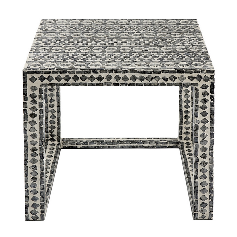 Benjara Set of 2 Nesting Side End Tables- Capiz Inlaid Design- Gray and White