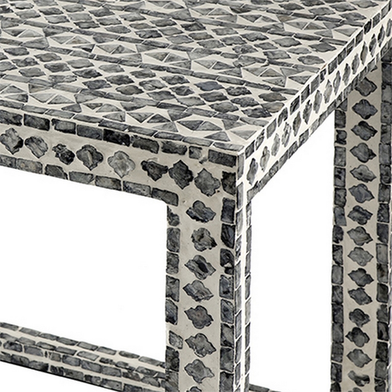 Benjara Set of 2 Nesting Side End Tables- Capiz Inlaid Design- Gray and White