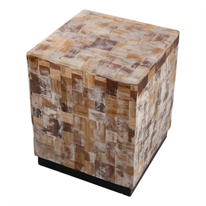 Benjara 19&quot Side End Table Stool- Square- Resin Patchwork Style Design- Brown