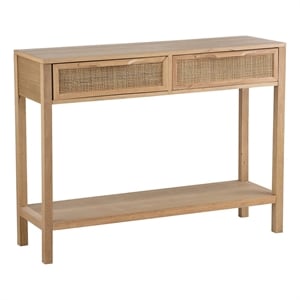 Benjara 39&quot Sofa Table- 2 Drawers- Rattan Cane Design- MDF- Pine Wood- Brown
