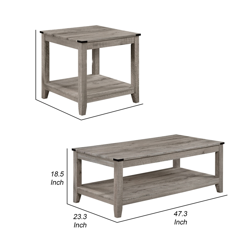 Benjara Hilton 3 Piece Coffee & End Table Set- Wood- Storage Shelf- Beige Finish