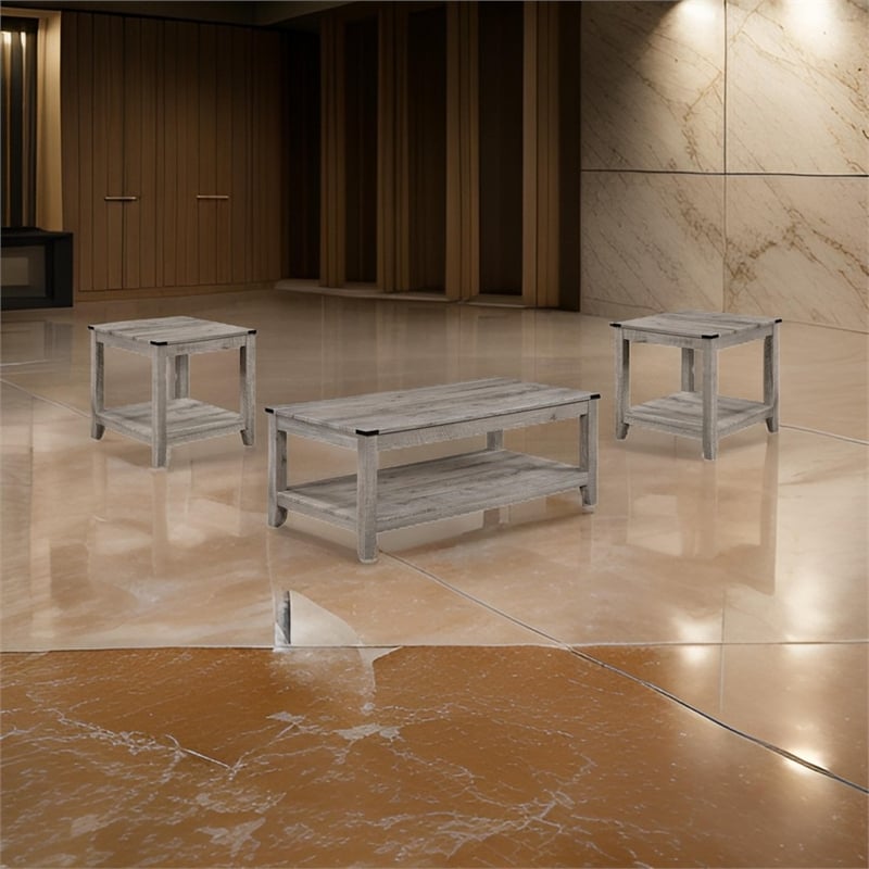 Benjara Hilton 3 Piece Coffee & End Table Set- Wood- Storage Shelf- Beige Finish