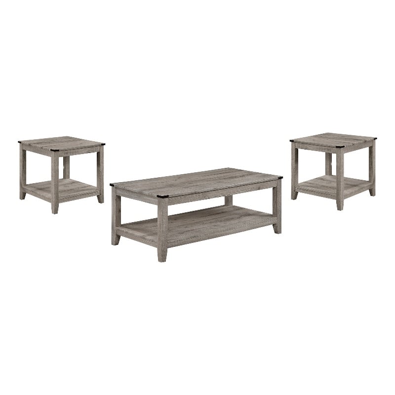 Benjara Hilton 3 Piece Coffee & End Table Set- Wood- Storage Shelf- Beige Finish