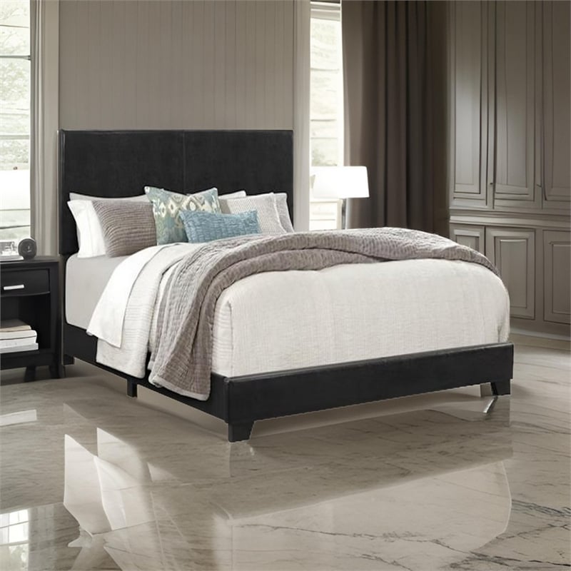 Benjara Shirin Queen Size Bed- Wood- Nailhead Trim- Upholstered Headboard- Black