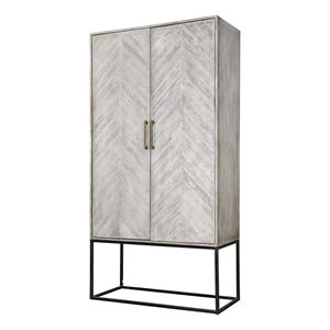 Benjara Jen 79&quot Accent Cabinet Armoire- Iron Stand- Cream White Acacia Wood