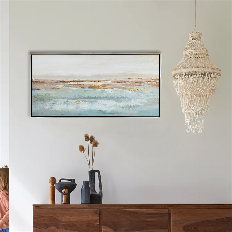 Benjara 30 x 59 Framed Wall Art- Abstract Ocean Oil Painting- Modern White Blue